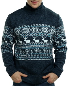 Норвежский свитер из шерсти с оленями, голубой рисунок