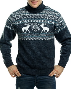 Вязаный мужской свитер с оленями, голубой узор